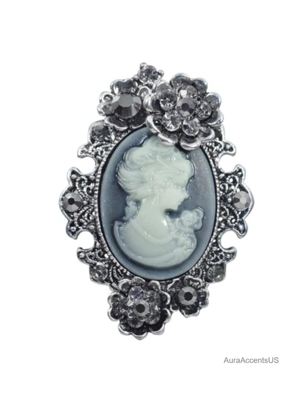 Vintage Victorian Cameo Brooch Crystal Rhinestone Flower Pin